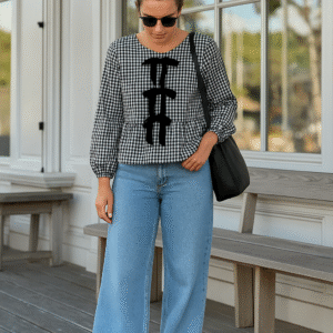Blouse à carreaux et nœuds en velours - Noir & Blanc