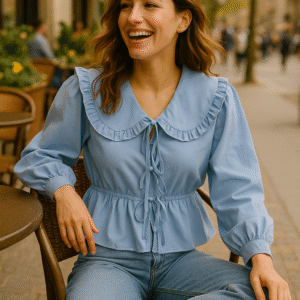Blouse à col Claudine volanté - Bleu ciel