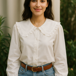 Blouse blanche à col Claudine volanté - Élégance intemporelle