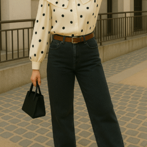 Chemise Écrue à Pois Noirs – Col Claudine Volanté
