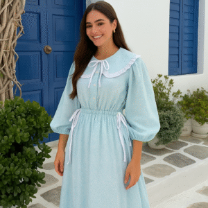 Robe pastel vert d’eau à col Claudine – Imprimé fleuri discret